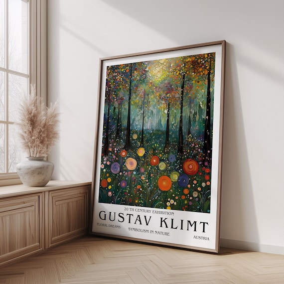 Gustav Klimt Floral Forest Poster, Symbolist Nature Art Print, Colorful Dreamy Landscape Wall Decor, Art Nouveau Illustration, Home Wall Art