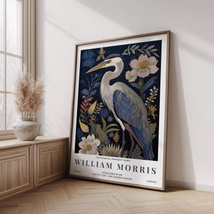 William Morris Print, Heron Bird Print, Dark Botanical Print, Vintage Bird Wall Art, Bird Painting, Cottagecore Print, Floral Print