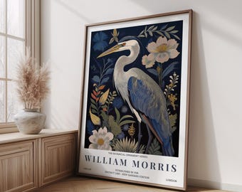 William Morris Print, Heron Bird Print, Dark Botanical Print, Vintage Bird Wall Art, Bird Painting, Cottagecore Print, Floral Print