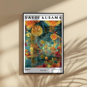 May include: A framed art print featuring a colorful abstract landscape with floating orbs. The artwork, by Yayoi Kusama, includes the text "TOKYO JAPAN 1985 Modern Art". The color palette includes orange, yellow, blue, and red.