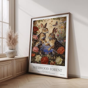 William Morris Botanical Poster, Vintage Woodland Animal Art Print, Floral Bunny Wall Decor, Whimsical Wildlife Nursery Illustration