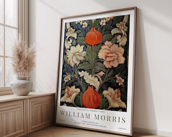 William Morris Print, Pomegranate & Cream Flower Print – Navy Red Botanical Art Poster – Rich Garden Wall Decor, Home Wall Decor