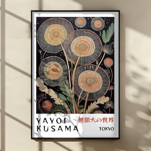 May include: A framed art print featuring a floral design with circular, textured blooms in shades of beige, orange, and yellow against a dark background. The print includes the artist's name, "YAYOI KUSAMA," and the city "TOKYO."