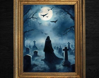 May include: A framed gothic art print depicts a cloaked figure in a graveyard under a full moon. The artwork features a dark, moody color palette with shades of blue, gray, and black, and is set in a gold-colored frame.