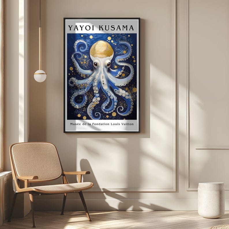 Octopus Poster, Yayoi Kusama Wall Art, Abstract Ocean Dot Print, Blue ...
