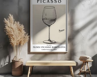 Póster con impresión artística de una copa de vino de Picasso, dibujo minimalista del Museu Picasso de Barcelona, decoración de pared inspirada en un museo español, decoración de pared para el hogar