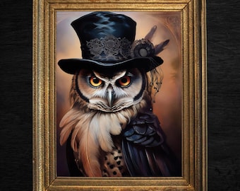 Steampunk Owl Poster – Gothic Wall Art, Dapper Owl in Top Hat, Vintage Animal Print for Dark Academia, Housewarming Gift, Home Wall Decor