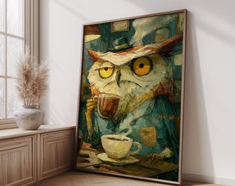 May include: A framed wall art print featuring an oil painting of an owl wearing a small top hat, holding a glass mug of dark liquid, and sitting at a table with a steaming white coffee cup. The owl has large yellow eyes and orange feathers.