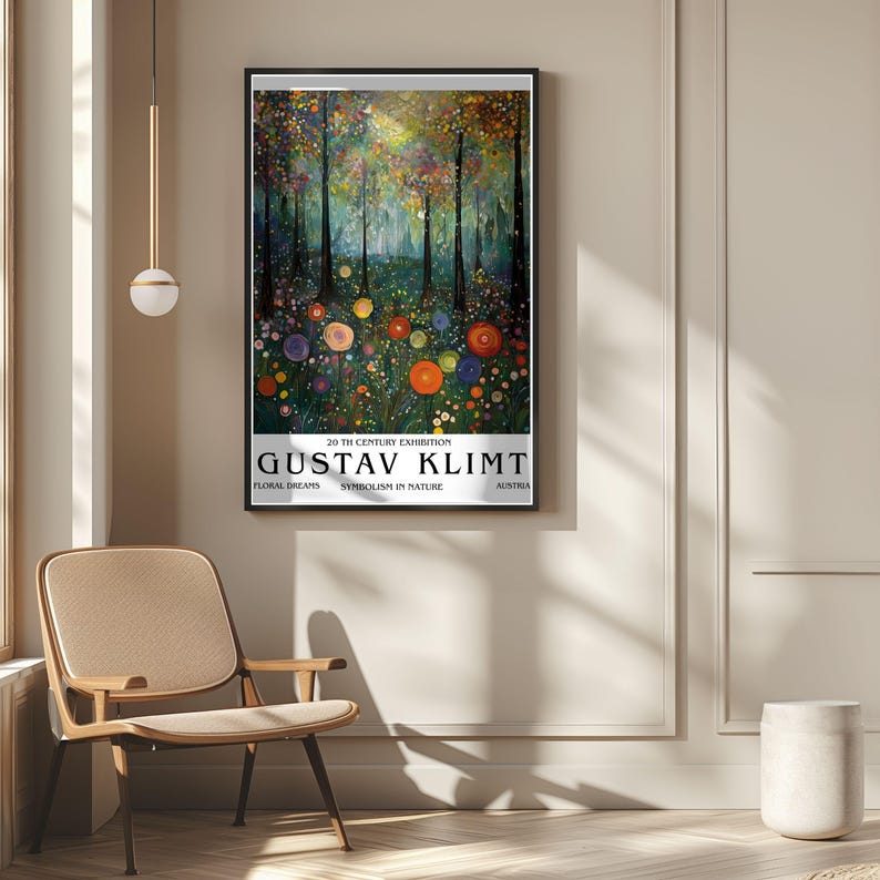 Gustav Klimt Blommig Skog Poster, Symbolistisk Natur Konsttryck, Färgglad Drömsk Landskap Väggdekoration, Art Nouveau Illustration, Hemväggkonst bild 3