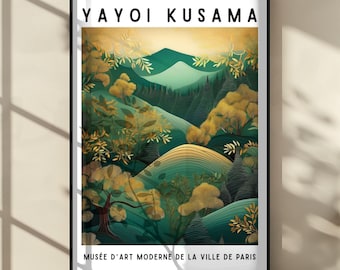 Yayoi Kusama Inspired Landscape Poster – Modern Green Nature Art Print, Contemporary Japanese Style Wall Decor