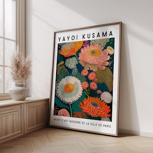 Japanese Poster Wall Art, Yayoi Kusama Inspired, Floral Botanical Print, Unframed, Polka Dot Poster, Japandi Wall Decor, Exhibition Style