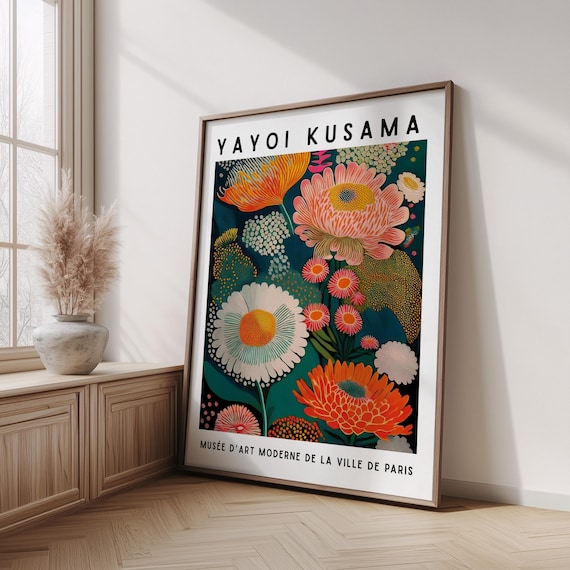 Japanese Poster Wall Art, Yayoi Kusama Inspired, Floral Botanical Print, Unframed, Polka Dot Poster, Japandi Wall Decor, Exhibition Style