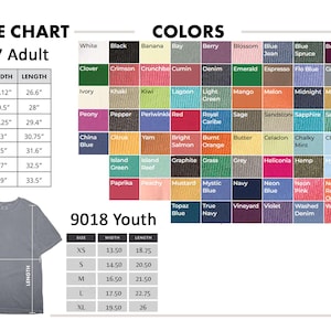 May include: A size chart for adult and youth t-shirts, with measurements in inches. The chart includes sizes, widths, and lengths for various t-shirt styles. A color palette with numerous color options is also displayed.