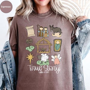 Chemise de Noël couleurs confort, chemise de Noël crèche True Story, chemise de Noël Jésus, chemise histoire vraie, chemise Believe, chemise Christian, Noël