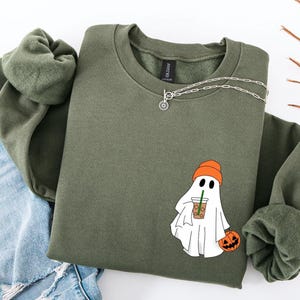 Cute Ghost Drinking Coffee Sweatshirt,Ghost Ice Coffee,Spooky Season Shirt,Fall Coffee Lover Sweatshirt,Halloween Sweatshirt,Halloween Gift