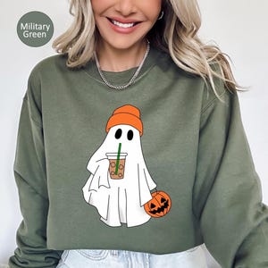 Cute Ghost Drinking Coffee Sweatshirt,Ghost Ice Coffee,Spooky Season Shirt,Fall Coffee Lover Sweatshirt,Halloween Sweatshirt,Halloween Gift