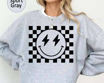 Checkered Pattern Smile Face Sweatshirt,Retro Smiley Face Sweatshirt,Smile Face Shirt,Happy Face Shirt,Cute Smile Shirt,Smile Sweatshirt