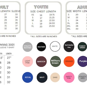 Puede incluir: Tablas de tallas para camisetas de manga larga unisex para adultos y j&oacute;venes. Incluye medidas en pulgadas para ancho, largo y largo de manga. Los colores incluyen Athletic Heather, Blanco y Rojo.