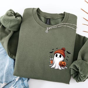 Cute Ghost Drinking Coffee Sweatshirt,Ghost Ice Coffee,Spooky Season Shirt,Fall Coffee Lover Sweatshirt,Halloween Sweatshirt,Halloween Gift