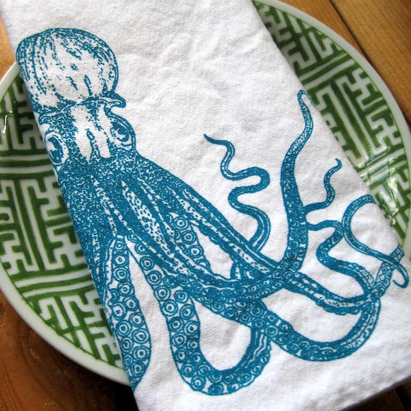 Screen Printed Organic Cotton Cloth Napkins - Eco Friendly Octopus Dinner Napkins - Reusable and Washable Nautical Cotton Lunch Napkins