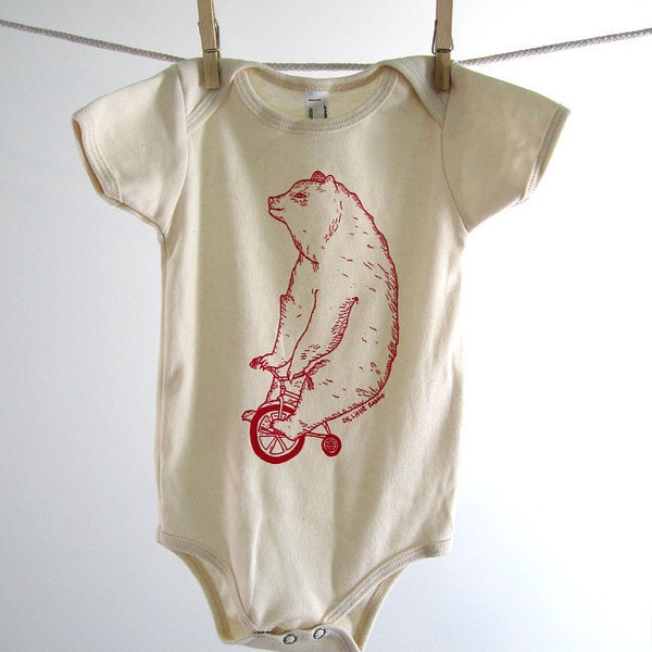 Organic Onesie - Hand Screen Printed American Apparel Baby Onesie - Circus Bear Riding A Bike (You pick size)