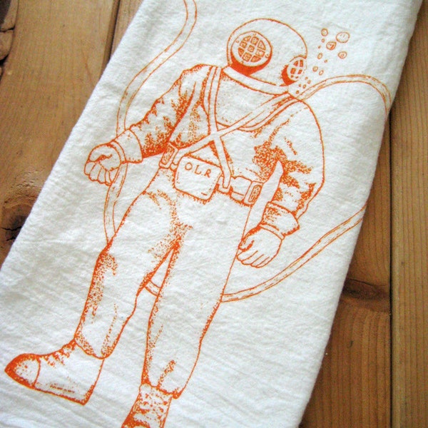 Screen Printed Organic Cotton Flour Sack Tea Towel - Deep Sea Diver Illustration - Nautical - Eco Friendly and Awesome Hand Towel