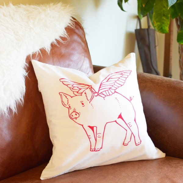 Throw Pillow - Throw Pillow Cover - Screen Printed Throw Pillow - Pillow Case - Pillow Cover - When Pigs Fly - Handmade Pillow - Home Decor