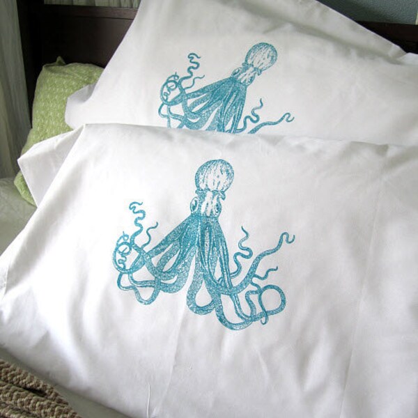 Screen Printed Octopus Pillow Cases - Set of 2 Standard Sized Pillow Covers - Eco Friendly Bedding