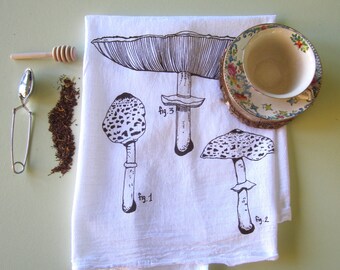 Tea Towel Flour Sack - Screen Printed Tea Towels - Organic Cotton - Kitchen Towels - Mushroom Tea Towel - Dish Towels - Flour Sack Towels
