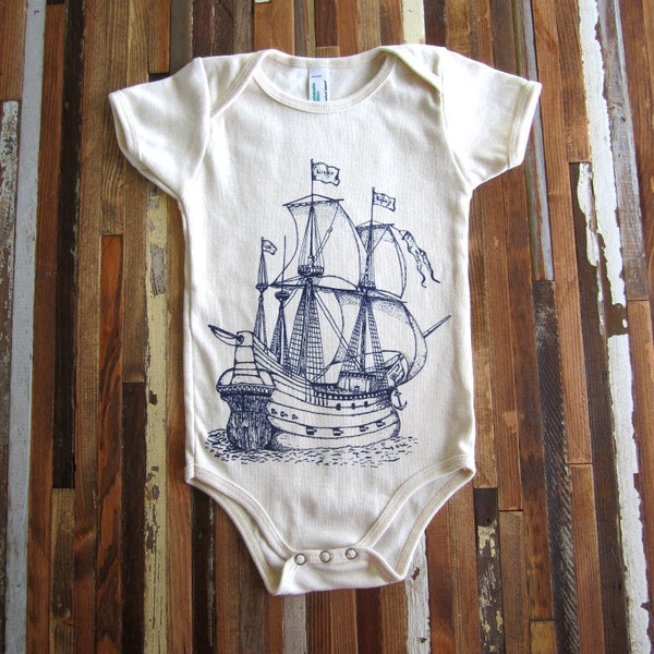 Organic Cotton Onesie - Screen Printed American Apparel Baby Onesie - Vintage Ship Illustration- Eco Friendly - Nautical (You pick size)