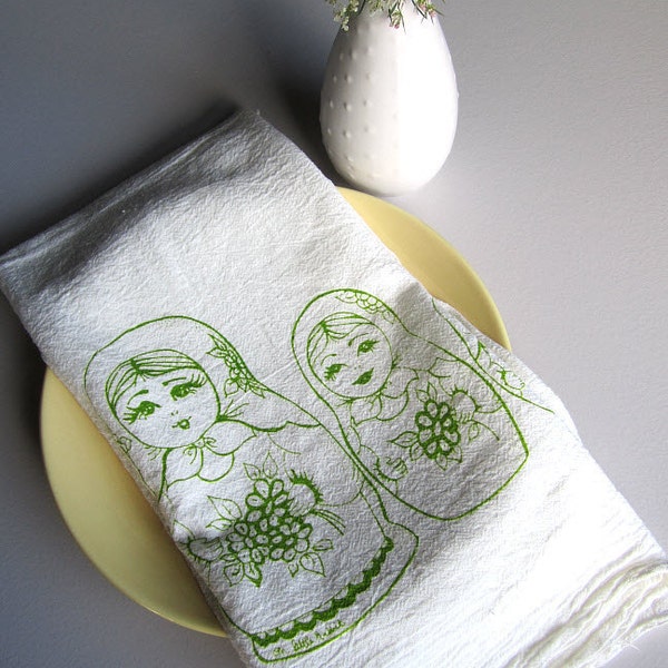 Screen Printed Organic Cotton Nesting Dolls Flour Sack Towel - Soft and Absorbent Kitchen Dish Towel - Eco Friendly