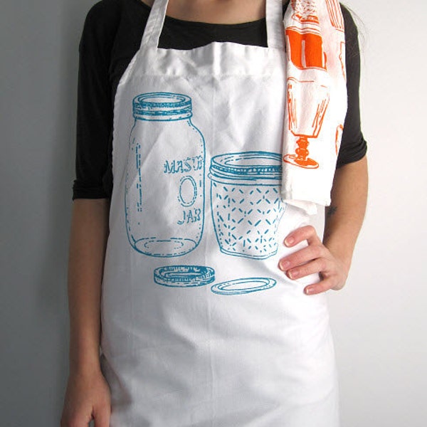 Screen Printed Full Apron - Natural Cotton Twill - Vintage Mason Jar Illustration - Eco Friendly - Super Awesome Kitchen Apron