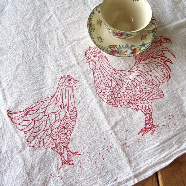 Screen Printed Organic Cotton Flour Sack Tea Towel - Chicken and Rooster Illustration- Eco Friendly Hand Towel for Every Day