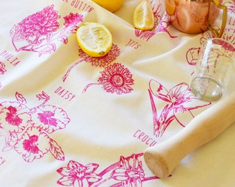 Tea Towel Flour Sack - Screen Print - Organic Cotton - Floral Towel - Mothers Day Gift - Flowers - Kitchen Dish Cloth