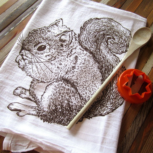 Tea Towel - Screen Printed Organic Cotton Flour Sack Towel  - Eco Friendly and Awesome - Soft and Absorbent - Woodland Squirrel Illustration