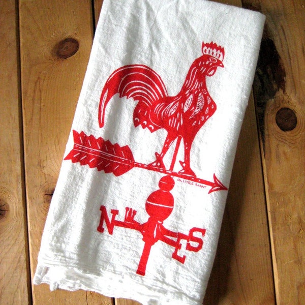 Tea Towel - Screen Printed Organic Cotton Rooster Weather Vane Flour Sack Towel - Rustic Kitchen Towel