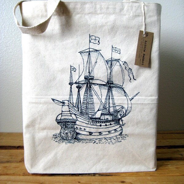 Canvas Tote Bag - Oversized Recycled Cotton Grocery Shopper Tote -  Reusable and Washable - Eco Friendly and Awesome - Nautical Ship Print