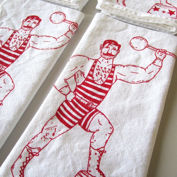 Screen Printed Organic Cotton Cloth Napkins - Eco Friendly - Vintage Circus Strong Man Napkins