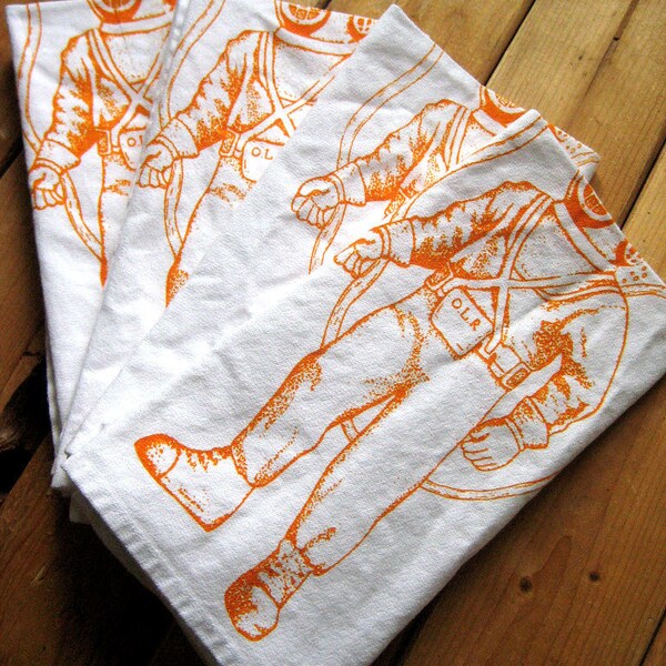 Screen Printed Organic Cotton Cloth Napkins - Eco Friendly Deep Sea Diver Dinner Napkins