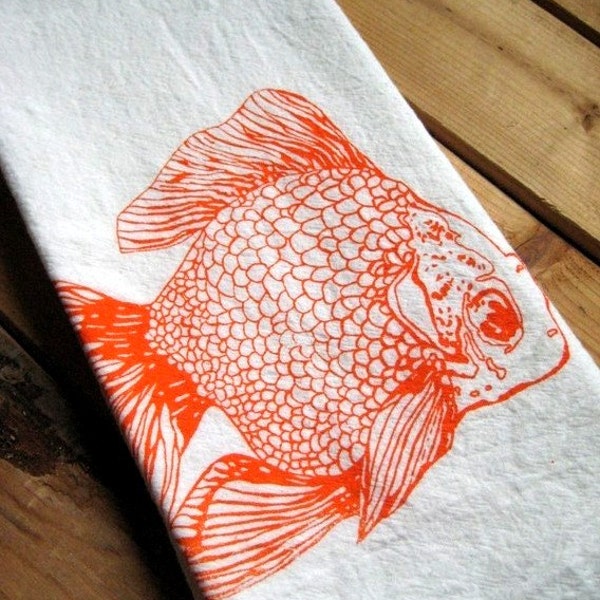 Screen Printed Organic Cotton Goldfish Flour Sack Towel - Awesome Tea Towel for Dishes