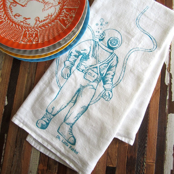 Screen Printed Organic Cotton Deep Sea Diver Flour Sack Tea Towel - Soft and Absorbent Kitchen Towel - Eco Friendly and Awesome - Nautical