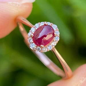 Natural Ruby Halo Ring | Deep Red Classic Cabochon Ruby | Sterling Silver Rose Gold Plated | July Birthstone Jewelry | Dainty Ruby Ring Gift