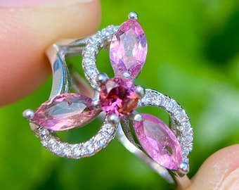 Natural Pink Tourmaline Ring | Size US 5.5 | Sterling Silver | October Birthstone | Natural Inspired Flower Ring | Gift for Her