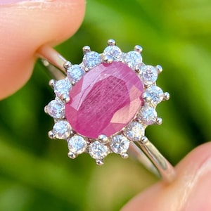 Natural Ruby Halo Ring | Classic Red Gemstone Ring in 925 Sterling Silver | July Birthstone Jewelry | Dainty Ruby Ring | Gift for Her