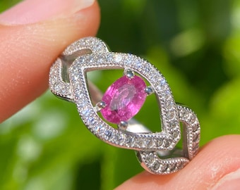 Natuurlijke robijnring | Amerikaanse maat 5 3/4 | Geboortesteen juli | Sterlingzilver | Halo-ring in vintagestijl | Ruby-sieraden in art-decostijl | Cadeau voor haar