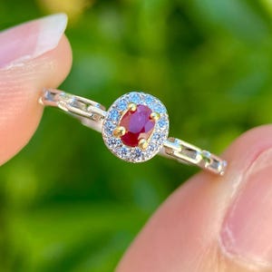 Può includere: Un anello in argento con una pietra centrale di rubino rosso di forma ovale circondata da un alone di piccole pietre bianche a taglio rotondo. La fascia presenta un design a maglie e l'incastonatura del rubino centrale è rifinita in oro.