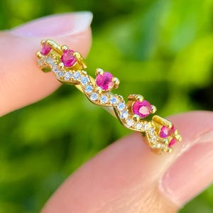 Natural Ruby Stacking Ring | Sterling Silver Gold Plated Curved Band Ring | July Birthstone | Ruby Wedding Band Adjustable Ring Gift for Her