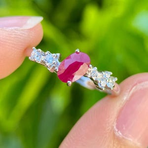 Natural Ruby Ring | Sterling Silver July Birthstone | Genuine Ruby Engagement Ring | Dainty Adjustable Ring | Anniversary Jewelry Gift