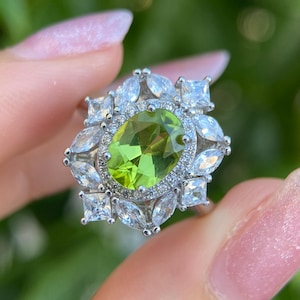 Natural Peridot Green Statement Ring | 925 Sterling Silver Rhodium Plated | August Birthstone Jewelry | Sparkling Halo Design | Gift for her