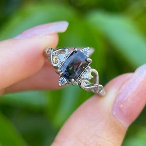 Vintage Spinel Ring | Sterling Silver with Gold-Plated | Natural Black Spinel and CZ Accents | Gothic Promise Ring | Unique Gift for her